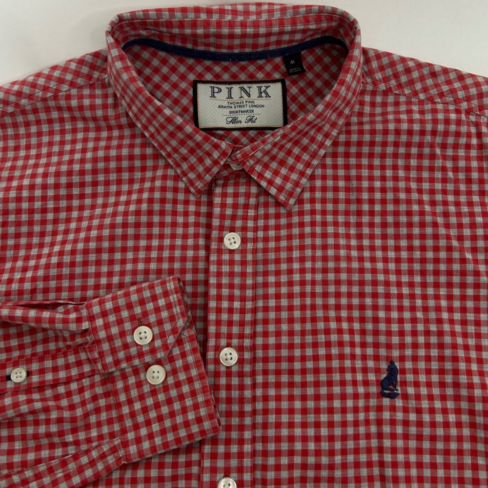 Thomas Pink Oxford Slim Fit Gingham Check Button Down Dress Shirt Men's Medium